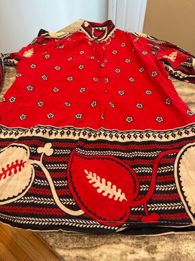 Red Bohemian Tunic with Navy & Cream Floral Border